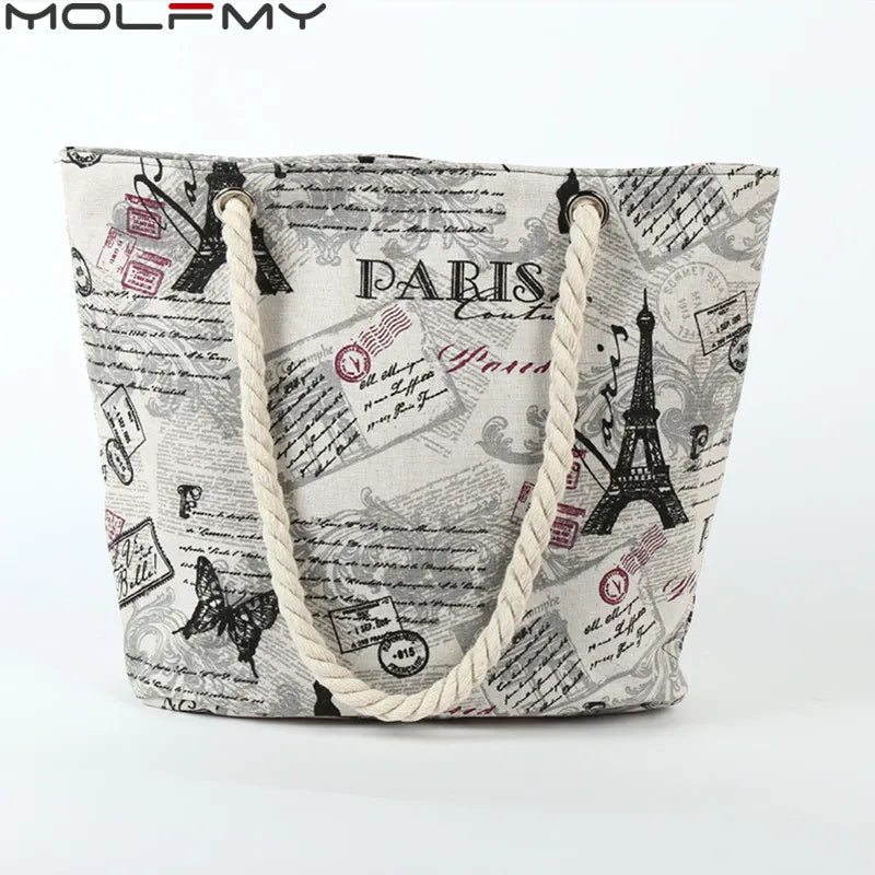 New Ladies Canvas Handbag Large Capacity Paris Tower Printed Travel Shopping Bag Female Shoulder Crossbody Bag Beach Tote Bags