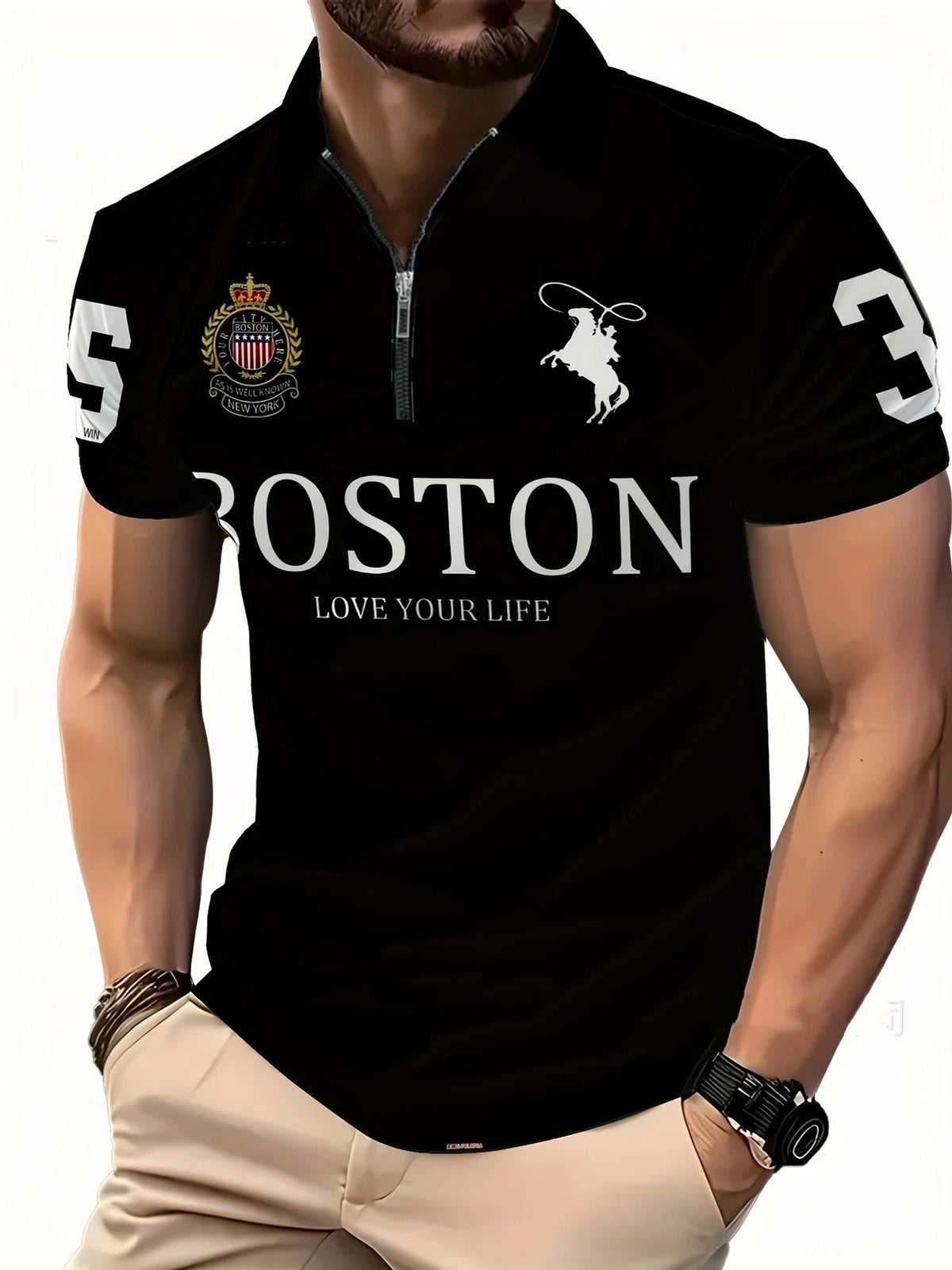 Herren 3D Digitaldruck Reißverschluss-Poloshirt