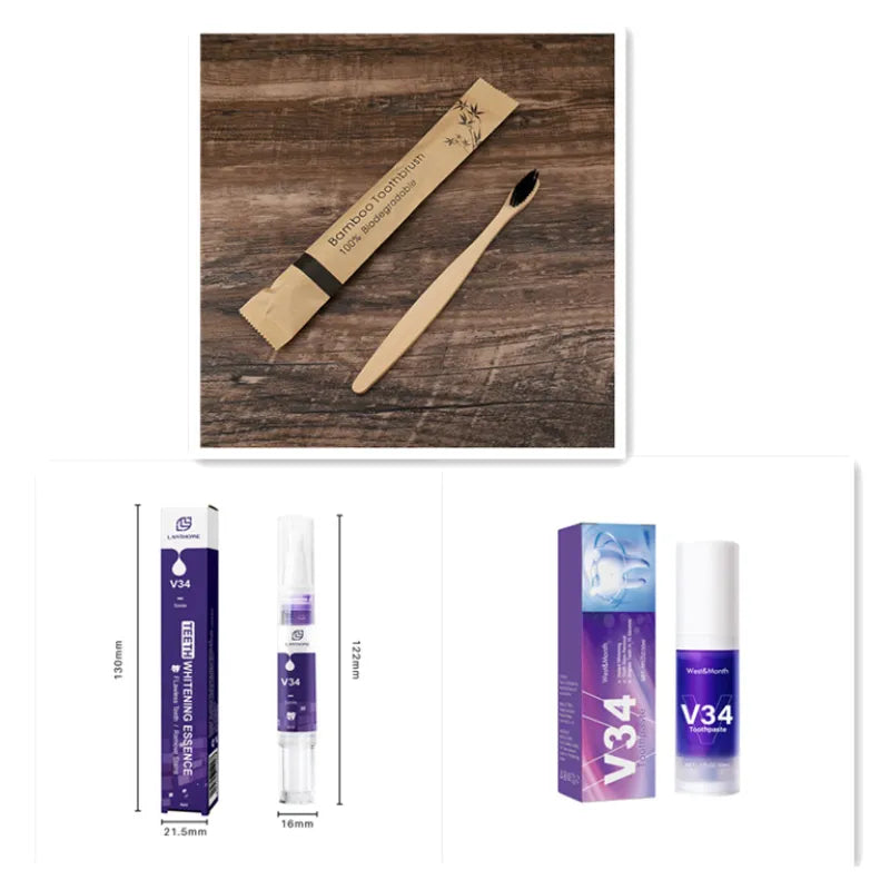 Wooden toothbrush and packaging on a wooden surface with product details displayed below.