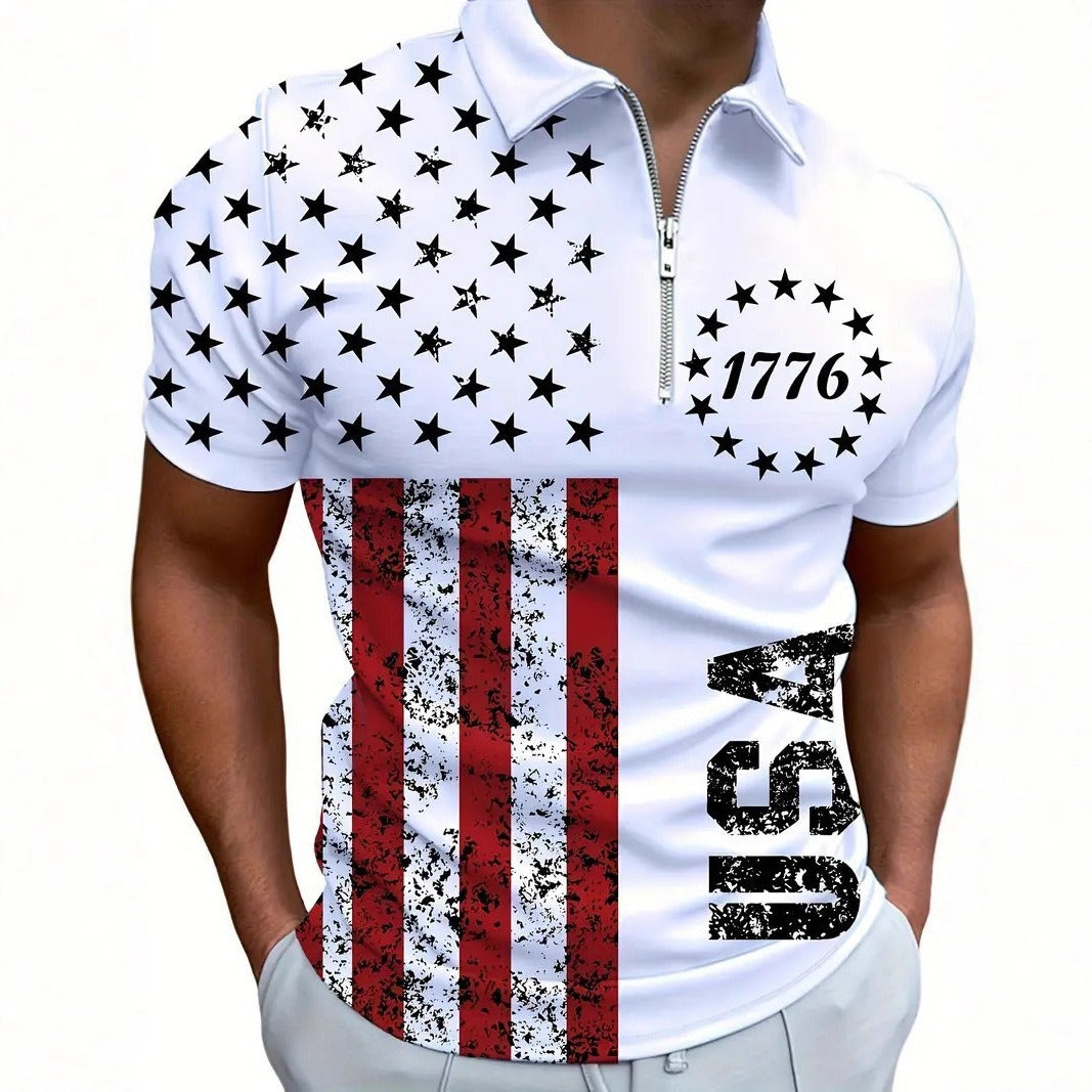 Herren 3D Digitaldruck Reißverschluss-Poloshirt