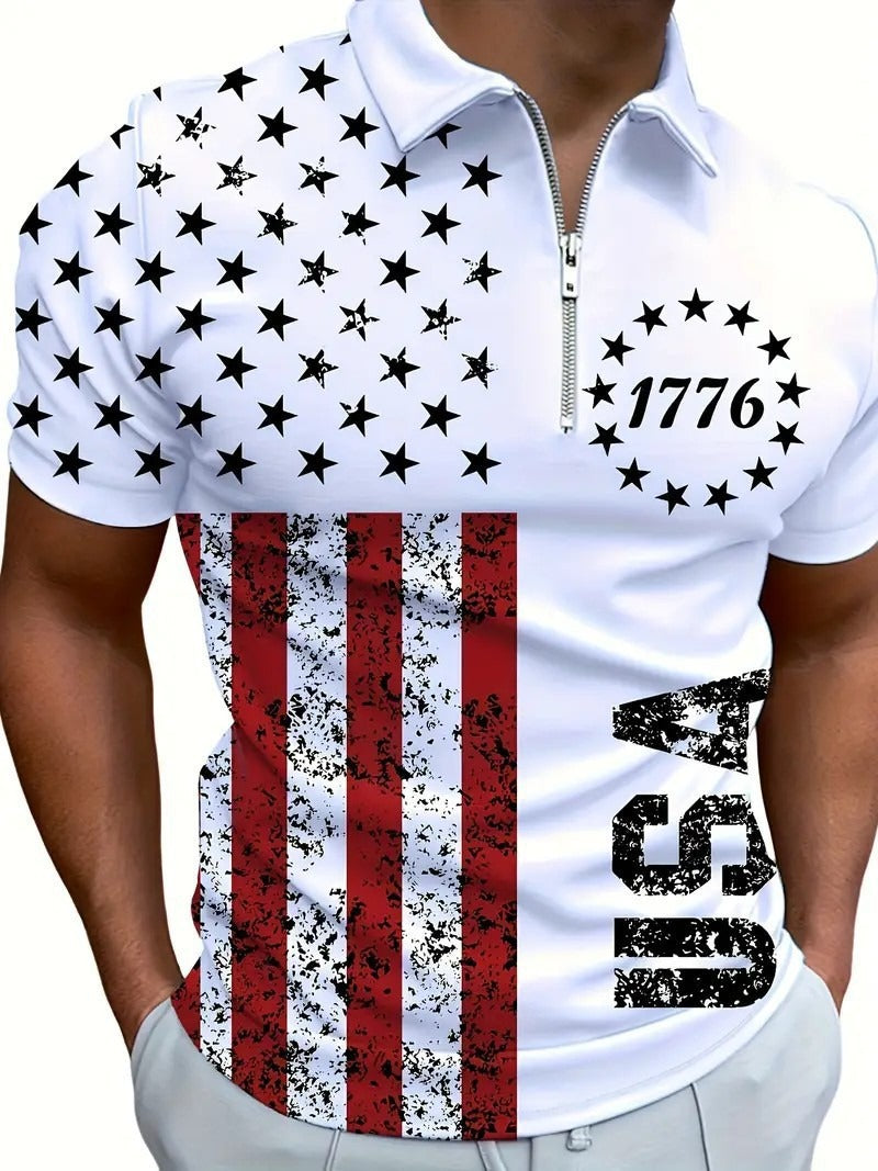 Herren 3D Digitaldruck Reißverschluss-Poloshirt