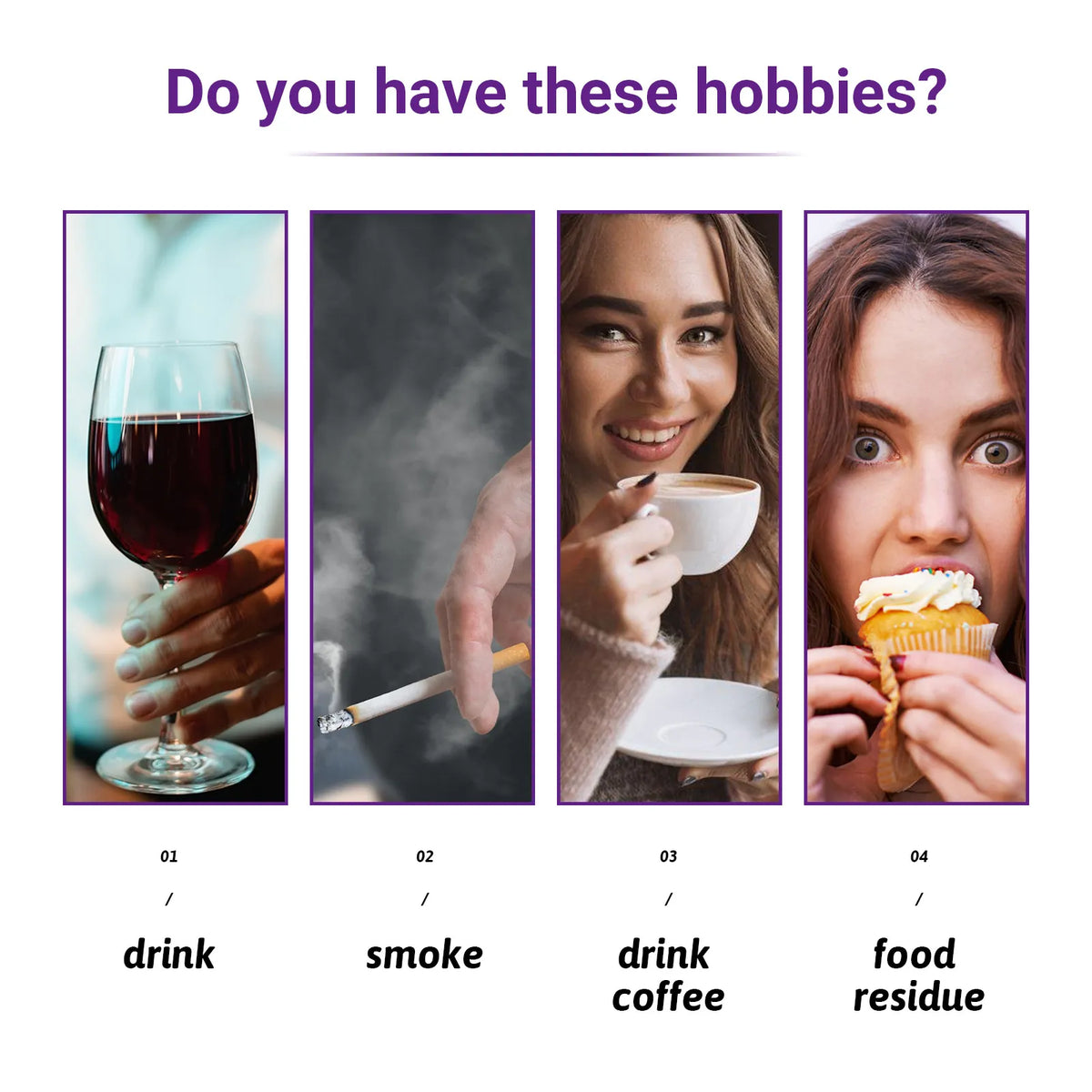Four images with text labels for different hobbies including drinking, smoking, drinking coffee, and eating food residue.