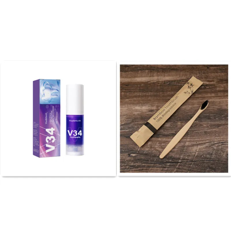 V34 skincare product packaging and applicator on a wooden surface