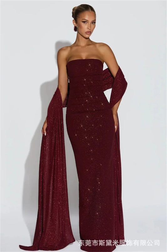 Long Scarf Prom Dress Shiny  Burgundy Sexy Strapless Sleeveless Sheath Party Bridal Gown Formal Guest Wedding Birthday Robe