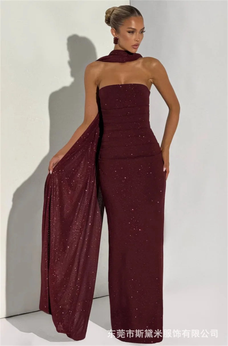 Long Scarf Prom Dress Shiny  Burgundy Sexy Strapless Sleeveless Sheath Party Bridal Gown Formal Guest Wedding Birthday Robe