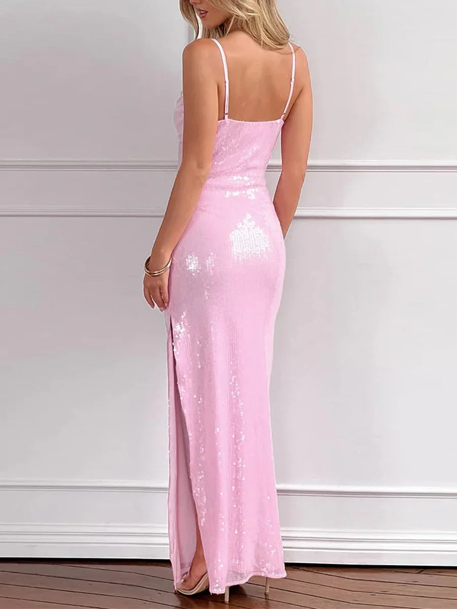 Pink Sequins Women Prom Dress Sexy Sleeveless Stripe Side Split Ankle Length Midi Sheath Party Gown Formal Red Carpet Robe Skirt