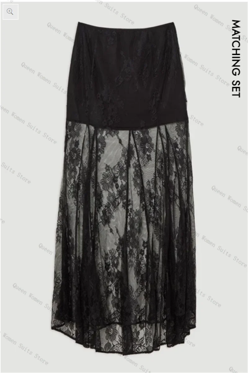 Black Lace Women Suit Set 2 Piece Blazer+Prom Dress Sexy Sheer Skirt Formal Office Lady Jacket Cotton Wedding Coat Customized