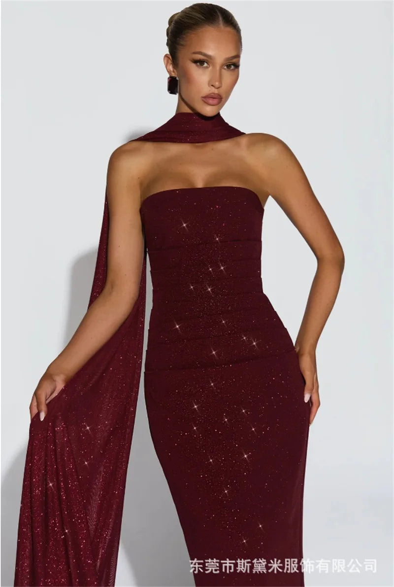 Long Scarf Prom Dress Shiny  Burgundy Sexy Strapless Sleeveless Sheath Party Bridal Gown Formal Guest Wedding Birthday Robe
