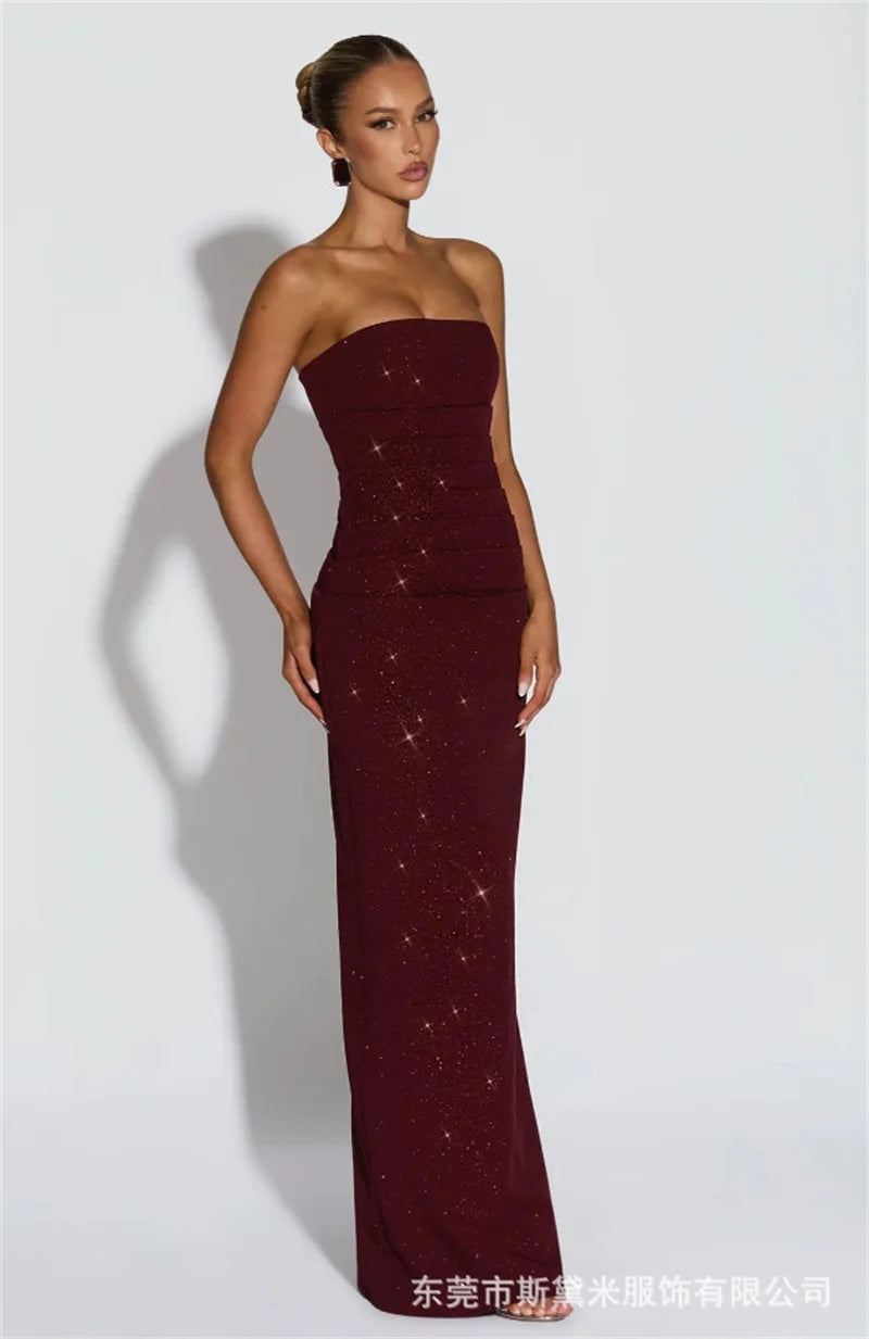 Long Scarf Prom Dress Shiny  Burgundy Sexy Strapless Sleeveless Sheath Party Bridal Gown Formal Guest Wedding Birthday Robe